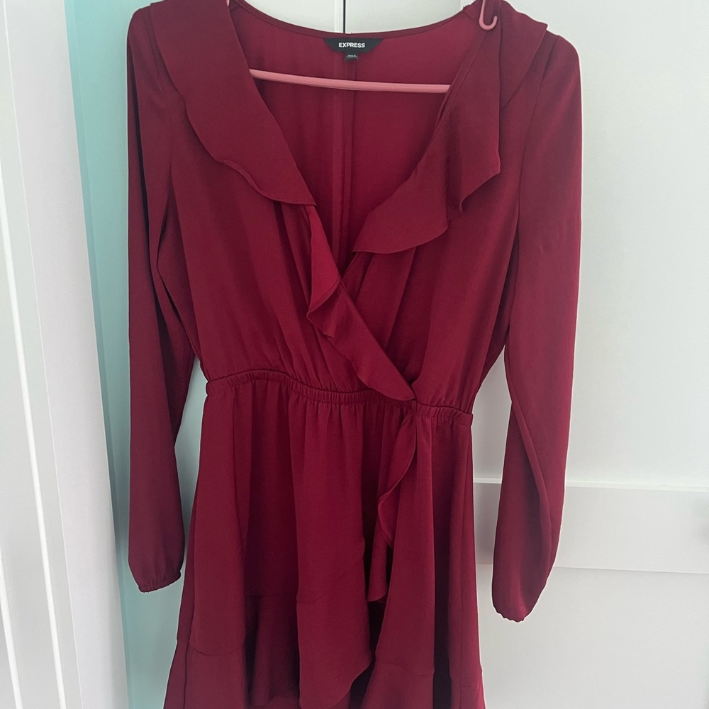 Express Burgundy Long-Sleeve Ruffle Wrap Dress